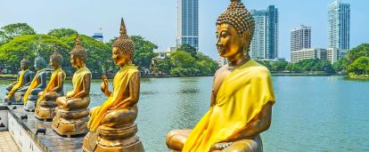 Un temple de Bouddhas en or à Colombo. Les Bouddhas en or du centre de Colombo au Sri Lanka.